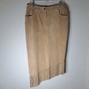 Margaret Godfrey Skirt Leather Tan New  Vintage Size 14 Fringe Asymmetrical NWT